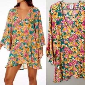 NWOT Anne Cole Sunshine Floral Flounce Beach Swim Cover Up Tunic M/L V Neck